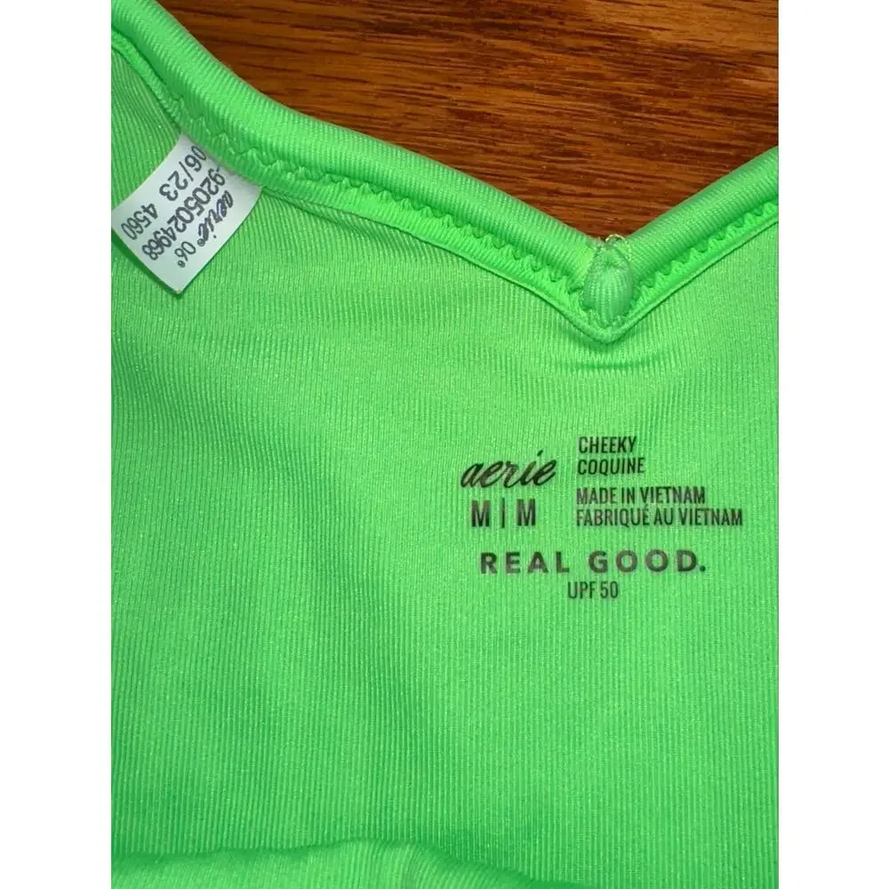 Aerie Lime Green Crinkle Voop Low Rise Cheeky UPF 50+ Bikini Bottom Size M